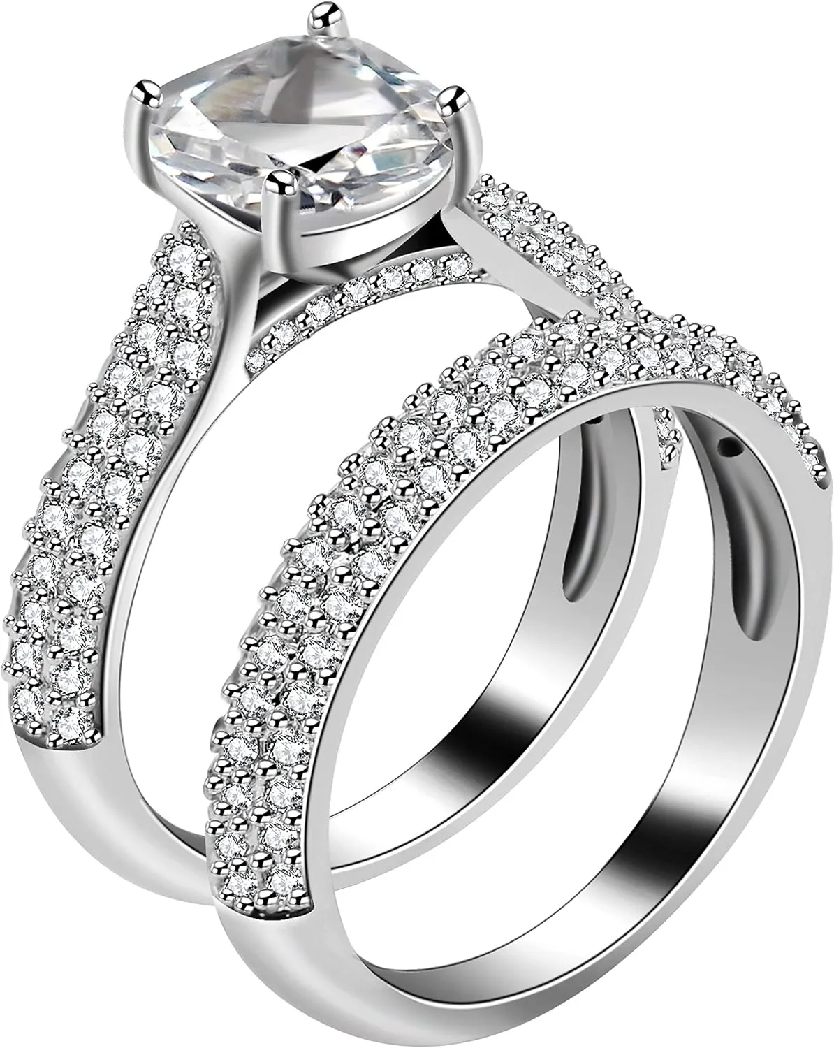 Uloveido 2 PCS Platinum Plated Square Zirconia Cushion Halo Engagement Wedding Ring Set for Women Y591