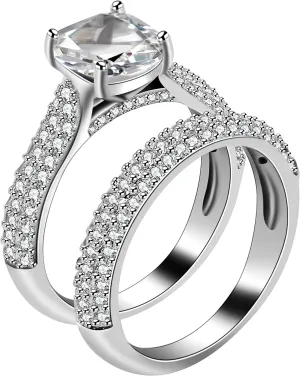 Uloveido 2 PCS Platinum Plated Square Zirconia Cushion Halo Engagement Wedding Ring Set for Women Y591