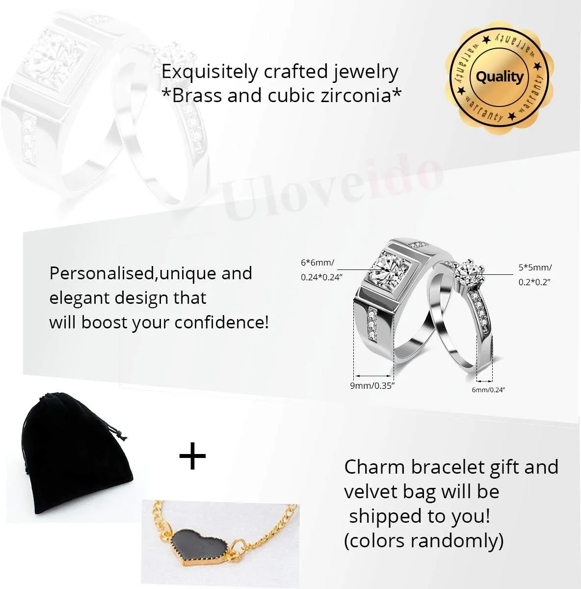 Uloveido 2 Pieces Wedding Engagement Couple Ring Set for Women and Men Valentine's Day Gift - Anniversary Promise Ring Set in Silver Color for Boyfriend and Friend J473