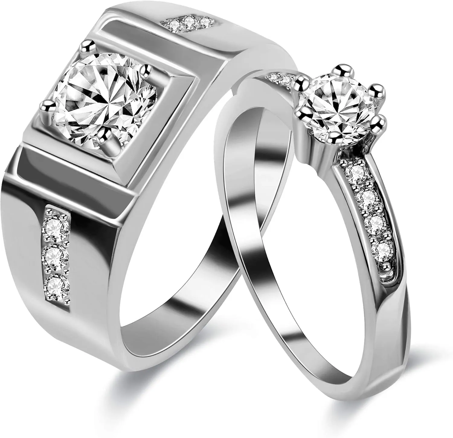 Uloveido 2 Pieces Wedding Engagement Couple Ring Set for Women and Men Valentine's Day Gift - Anniversary Promise Ring Set in Silver Color for Boyfriend and Friend J473