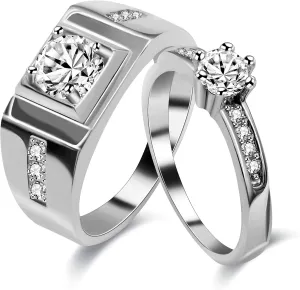 Uloveido 2 Pieces Wedding Engagement Couple Ring Set for Women and Men Valentine's Day Gift - Anniversary Promise Ring Set in Silver Color for Boyfriend and Friend J473