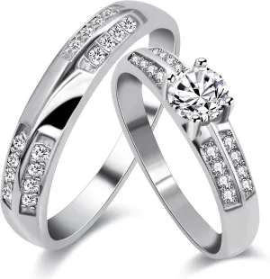 Uloveido 2 Pieces Wedding Engagement Couple Ring Set for Women and Men Valentine's Day Gift - Anniversary Promise Ring Set in Silver Color for Boyfriend and Friend J511