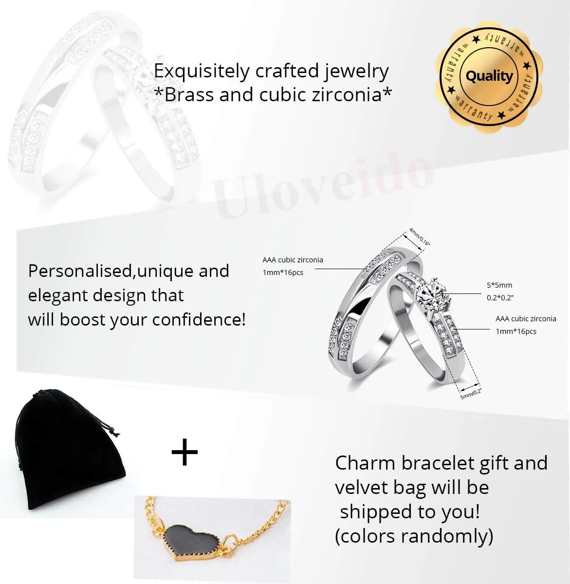 Uloveido 2 Pieces Wedding Engagement Couple Ring Set for Women and Men Valentine's Day Gift - Anniversary Promise Ring Set in Silver Color for Boyfriend and Friend J511