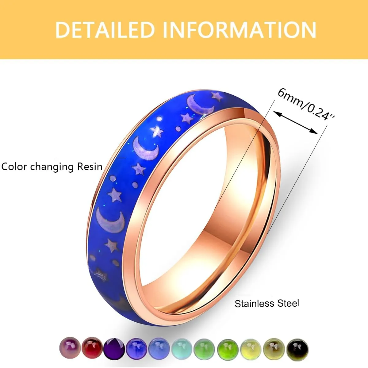 Uloveido 6MM Stainless Steel Band Comfort Fit Temprature Sensitive Color Changing Mood Rings Rainbow Tone