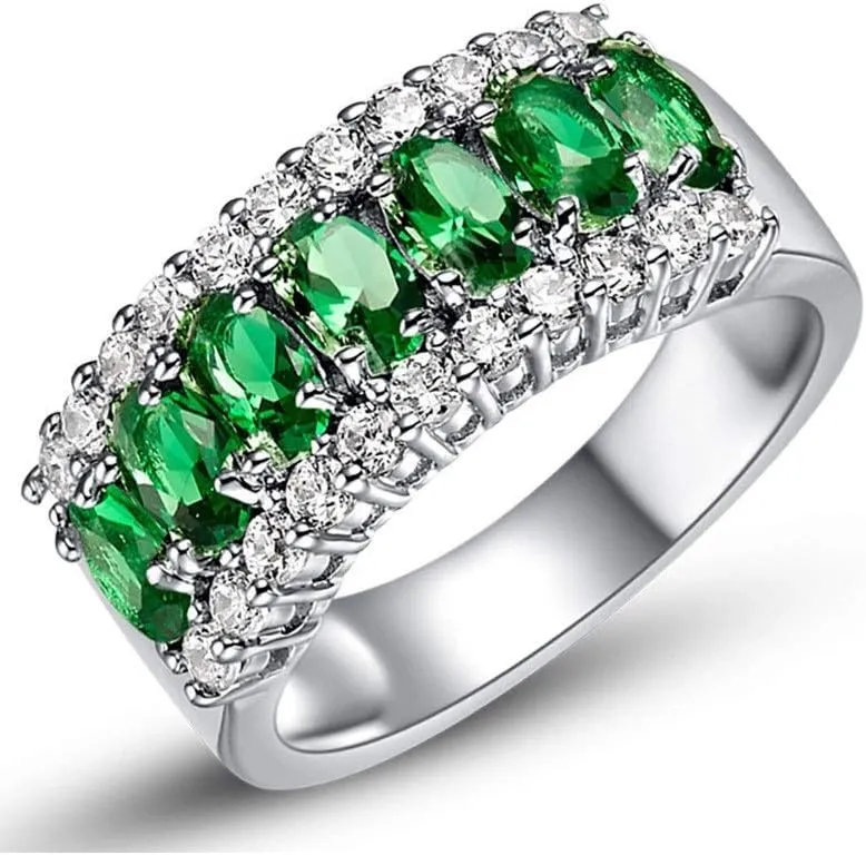 Uloveido 7 Stone Green Cubic Zirconia Half-moon/Meniscus Rings Engagement, Best Gifts for Women Size 6-9 J501