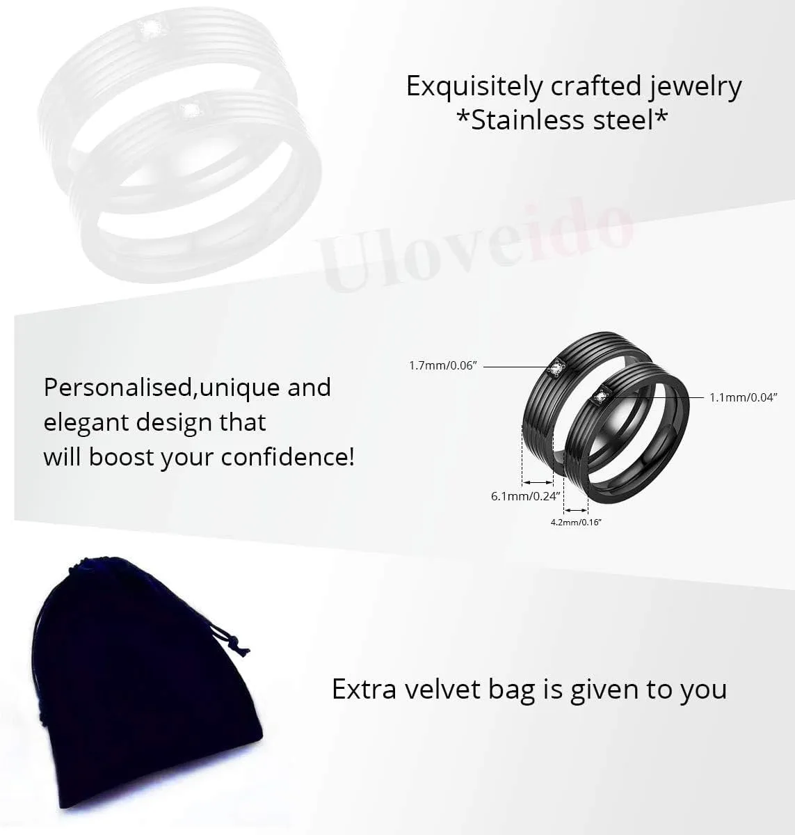 Uloveido Black Titanium Steel Couples Ring Cubic Zirconia Wedding Band Engagement Rings Set for Women and Men Y996