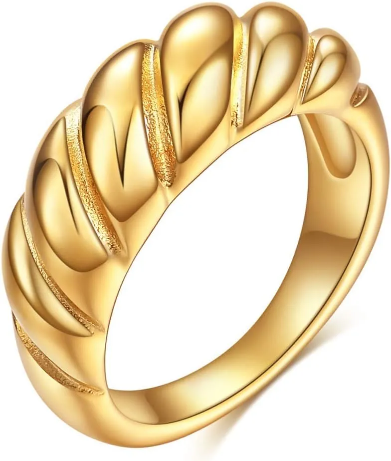 Uloveido Chunky Croissant Dome Ring, Braided Twisted Rope Signet Ring, Gold Plated Stacking Band Rings for Women Y1237 (size 9)