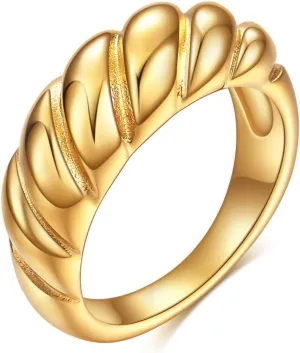 Uloveido Chunky Croissant Dome Ring, Braided Twisted Rope Signet Ring, Gold Plated Stacking Band Rings for Women Y1237 (size 9)