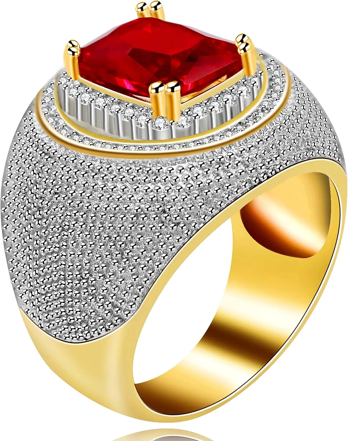 Uloveido Cool Emerald Cut Micro-Inlaid Red Zircon Rings Rectangle Shape Big CZ Wedding Band Ring for Men Y587