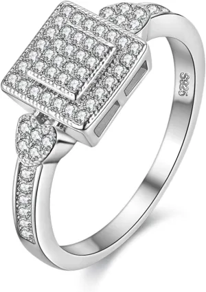 Uloveido Created Diamond Engagement Wedding Heart Rings for Women Bridal Silver Color Square Anniversary Promise Ring for Her Female Gift with Cubic Zirconia Y010