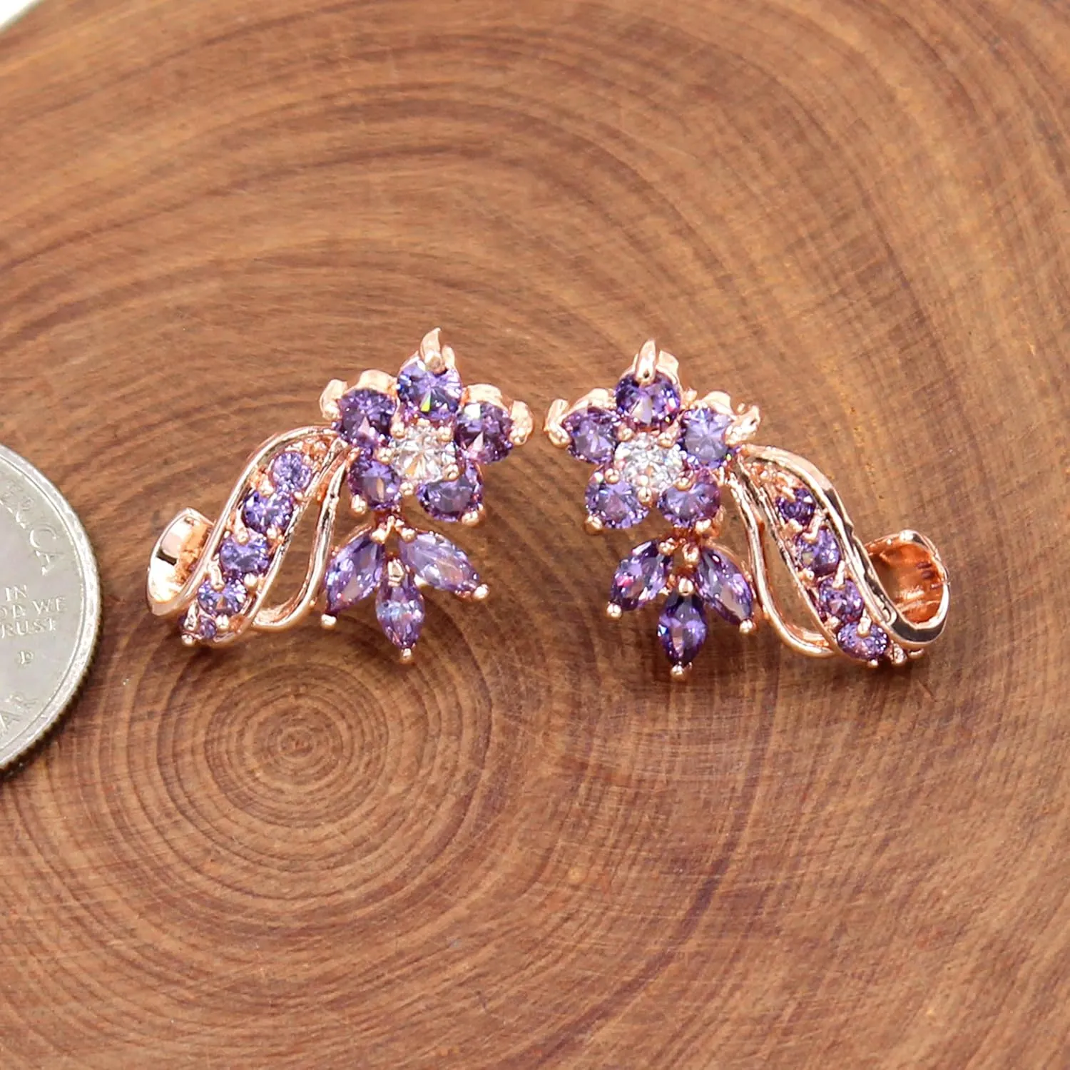Uloveido Dainty Multi Color Cubic Zirconia Crystal Flower Leaf Stud Wrap Earrings for Women Rose Gold Plated Y492