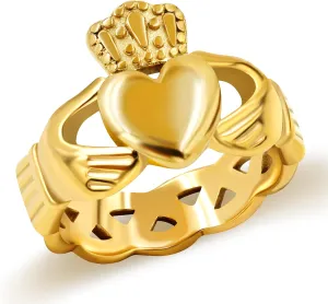 Uloveido Gold Plated Hand Heart Irish Claddagh Ring Love Loyalty Celtic Knot Rings Stainless Steel Wedding Bands
