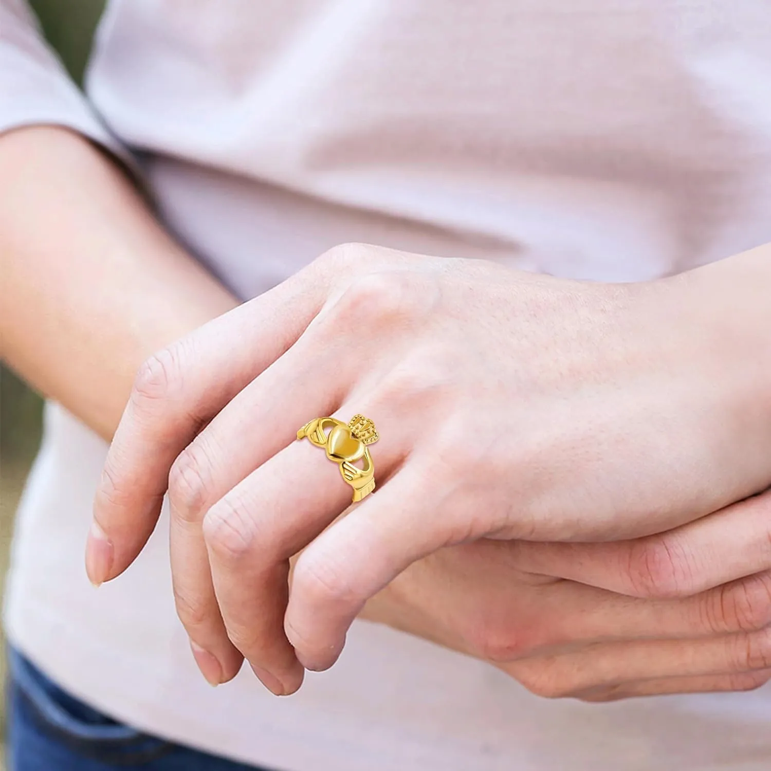 Uloveido Gold Plated Hand Heart Irish Claddagh Ring Love Loyalty Celtic Knot Rings Stainless Steel Wedding Bands