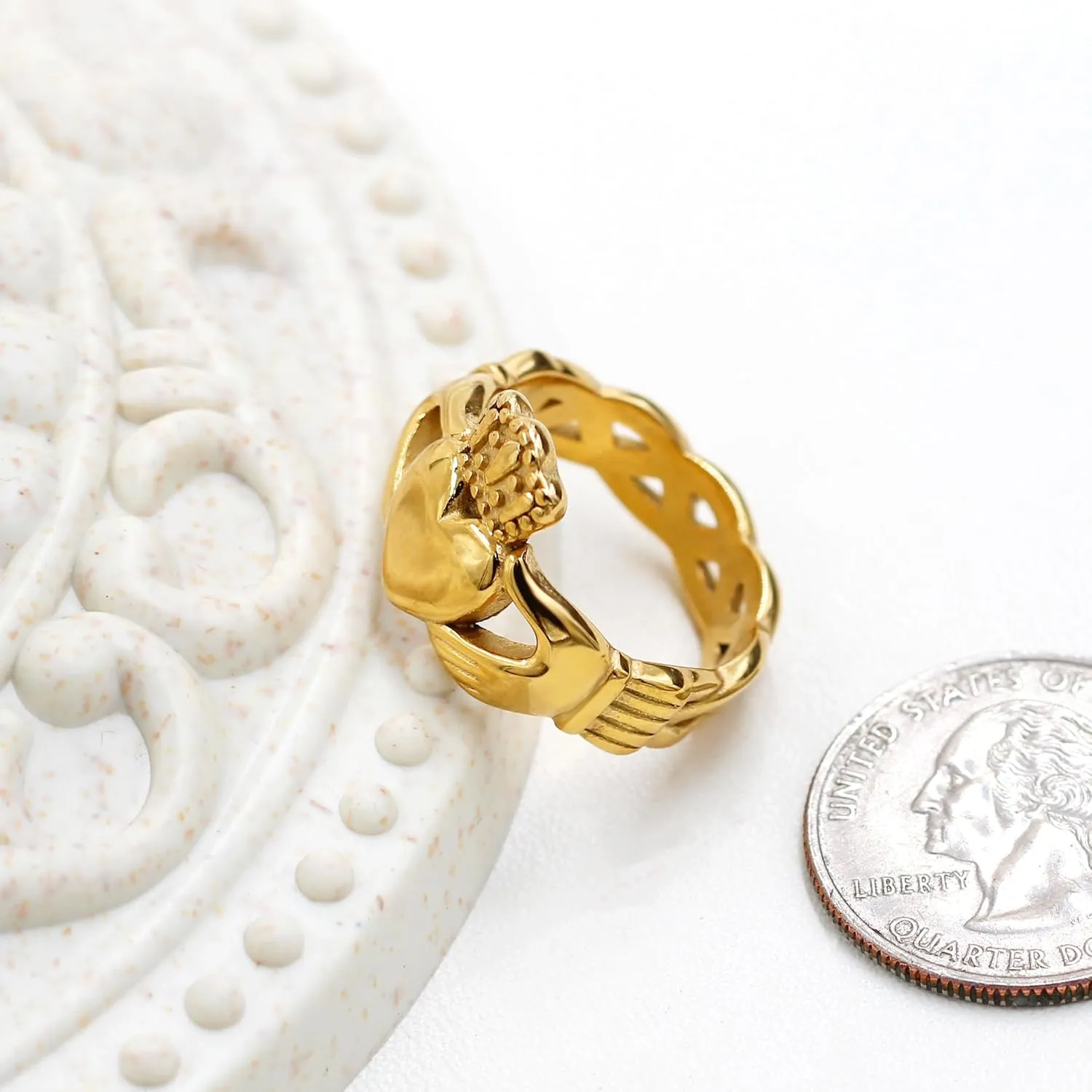 Uloveido Gold Plated Hand Heart Irish Claddagh Ring Love Loyalty Celtic Knot Rings Stainless Steel Wedding Bands