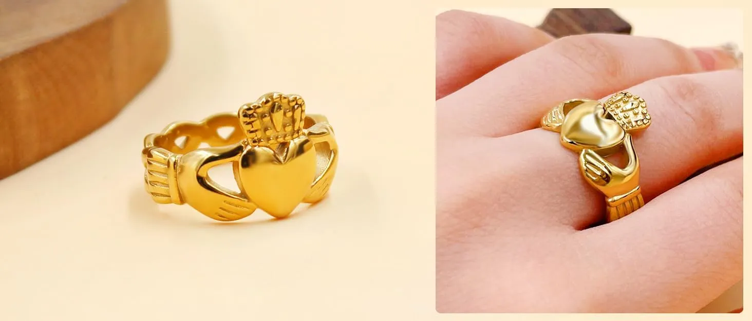 Uloveido Gold Plated Hand Heart Irish Claddagh Ring Love Loyalty Celtic Knot Rings Stainless Steel Wedding Bands