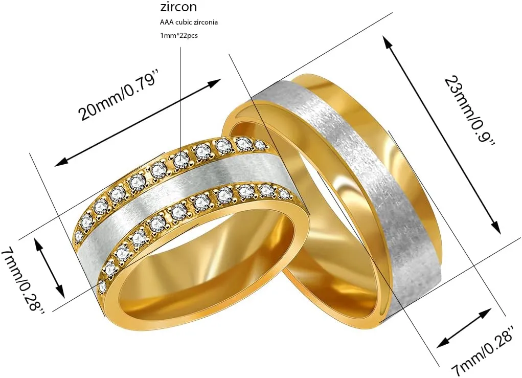 Uloveido Gold Plated Titanium Steel Couples Ring Cubic Zirconia Pave Wedding Band Engagement Rings Set for Women and Men Y997