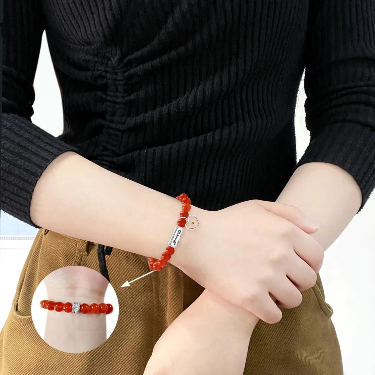 Uloveido Handmade Natural Stone Blessed Bracelet Heart Mustard Seed Charm Bracelet for Women Lady Y3800