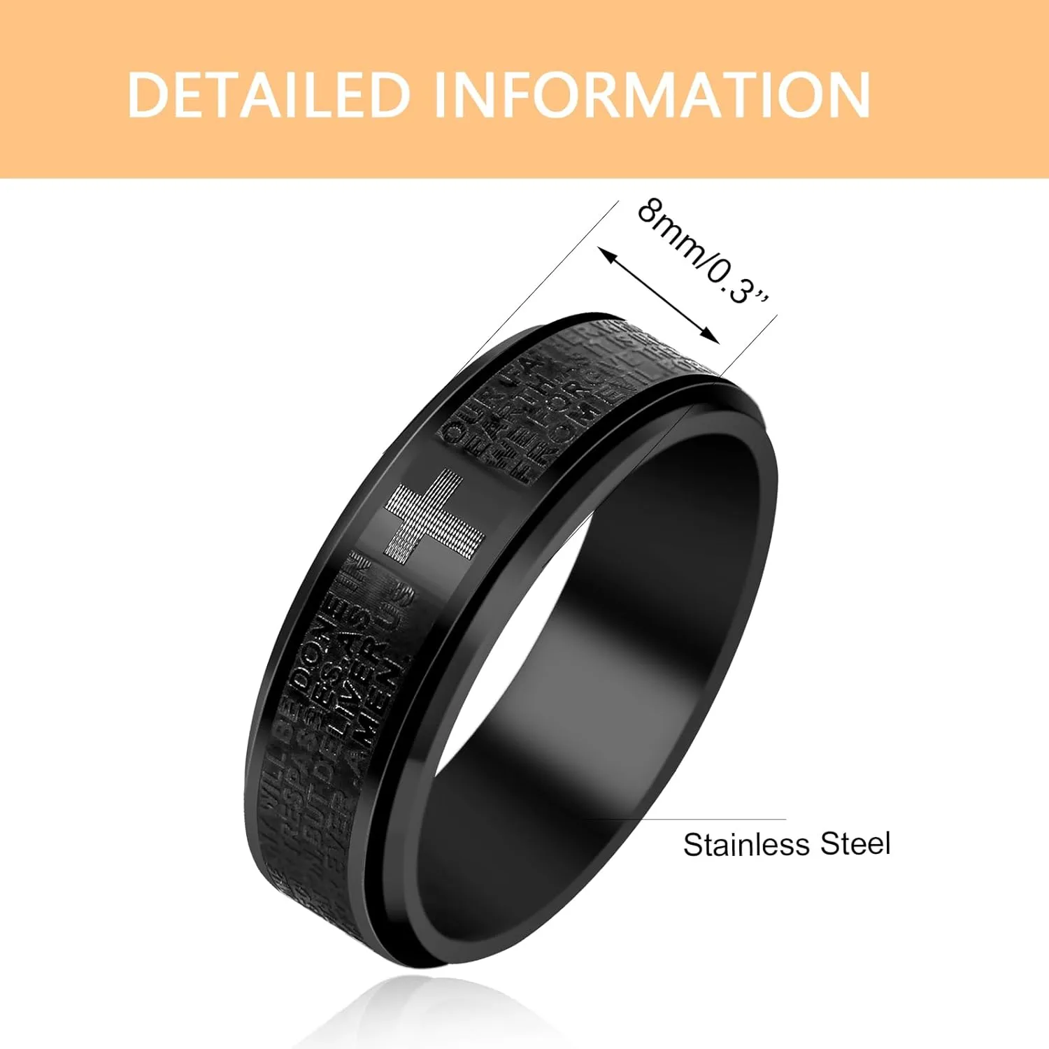 Uloveido Lord's Religious Prayer Cross Spinner Ring for Men Engraved with Bible Verse Our Father Deliver Us From The Evil - 8mm Wide Black Titanium Steel Anxiety Fidget Band Praying Rings for Christian YA4879