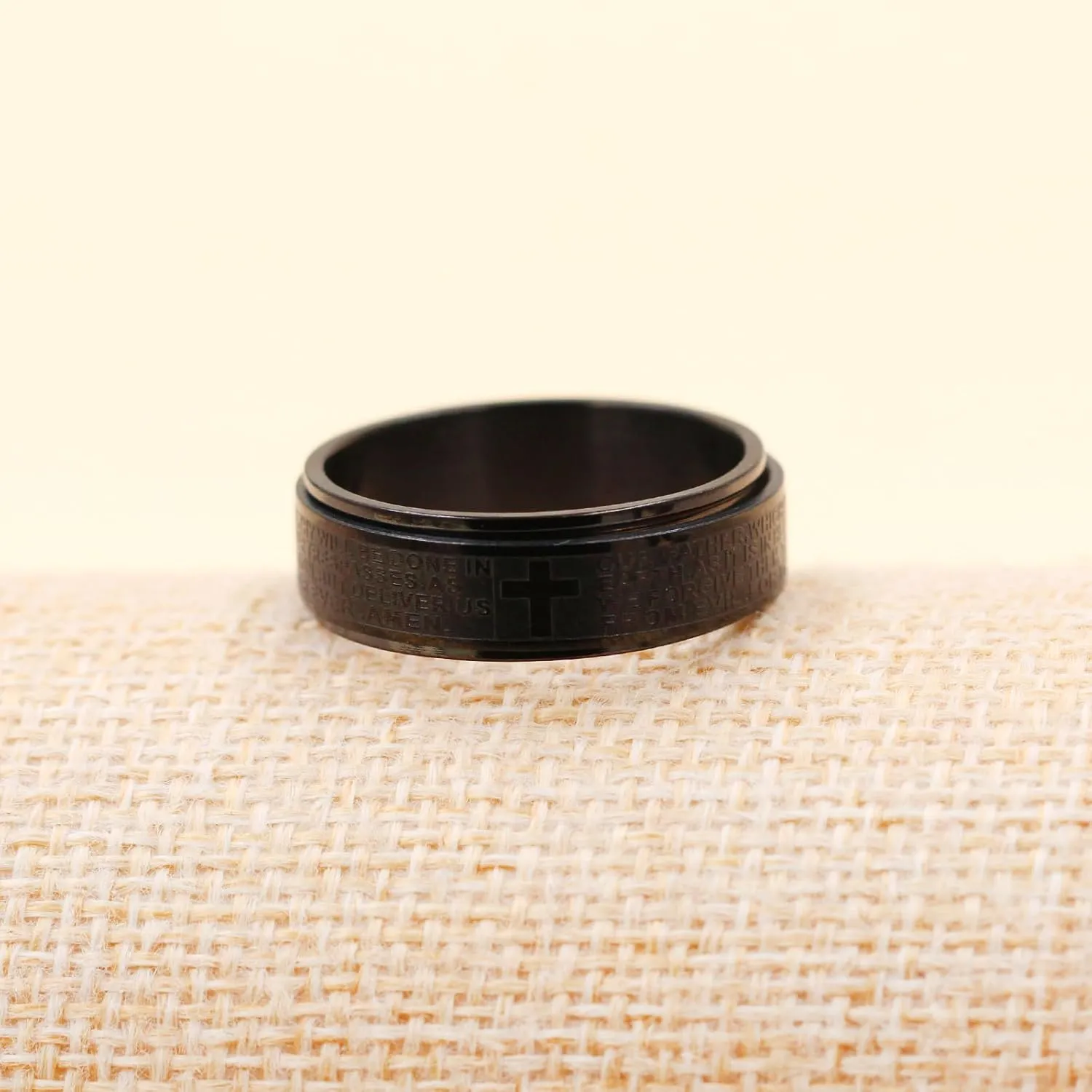 Uloveido Lord's Religious Prayer Cross Spinner Ring for Men Engraved with Bible Verse Our Father Deliver Us From The Evil - 8mm Wide Black Titanium Steel Anxiety Fidget Band Praying Rings for Christian YA4879