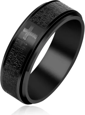 Uloveido Lord's Religious Prayer Cross Spinner Ring for Men Engraved with Bible Verse Our Father Deliver Us From The Evil - 8mm Wide Black Titanium Steel Anxiety Fidget Band Praying Rings for Christian YA4879