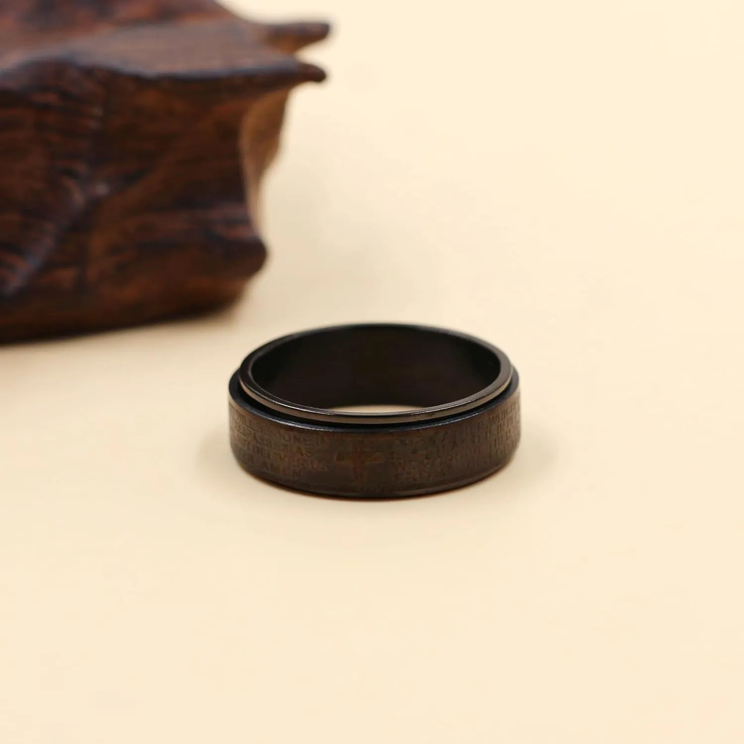 Uloveido Lord's Religious Prayer Cross Spinner Ring for Men Engraved with Bible Verse Our Father Deliver Us From The Evil - 8mm Wide Black Titanium Steel Anxiety Fidget Band Praying Rings for Christian YA4879
