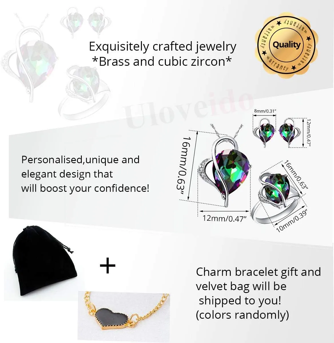Uloveido Oval Heart Shape Crystal Drop Pendant Necklace, Earrings and Rings Wedding Jewelry Set for Bridal Women Birthday Anniversary T072