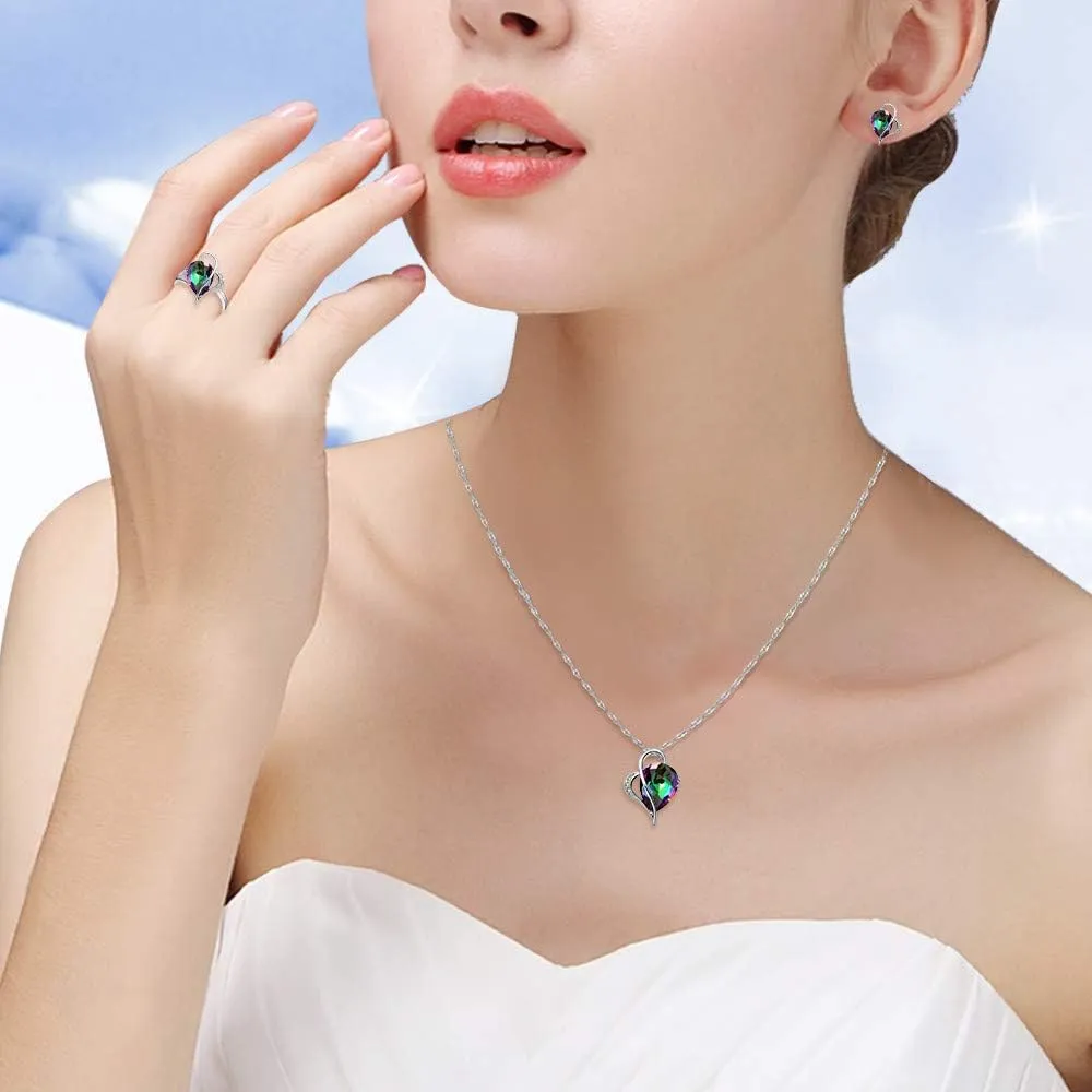 Uloveido Oval Heart Shape Crystal Drop Pendant Necklace, Earrings and Rings Wedding Jewelry Set for Bridal Women Birthday Anniversary T072