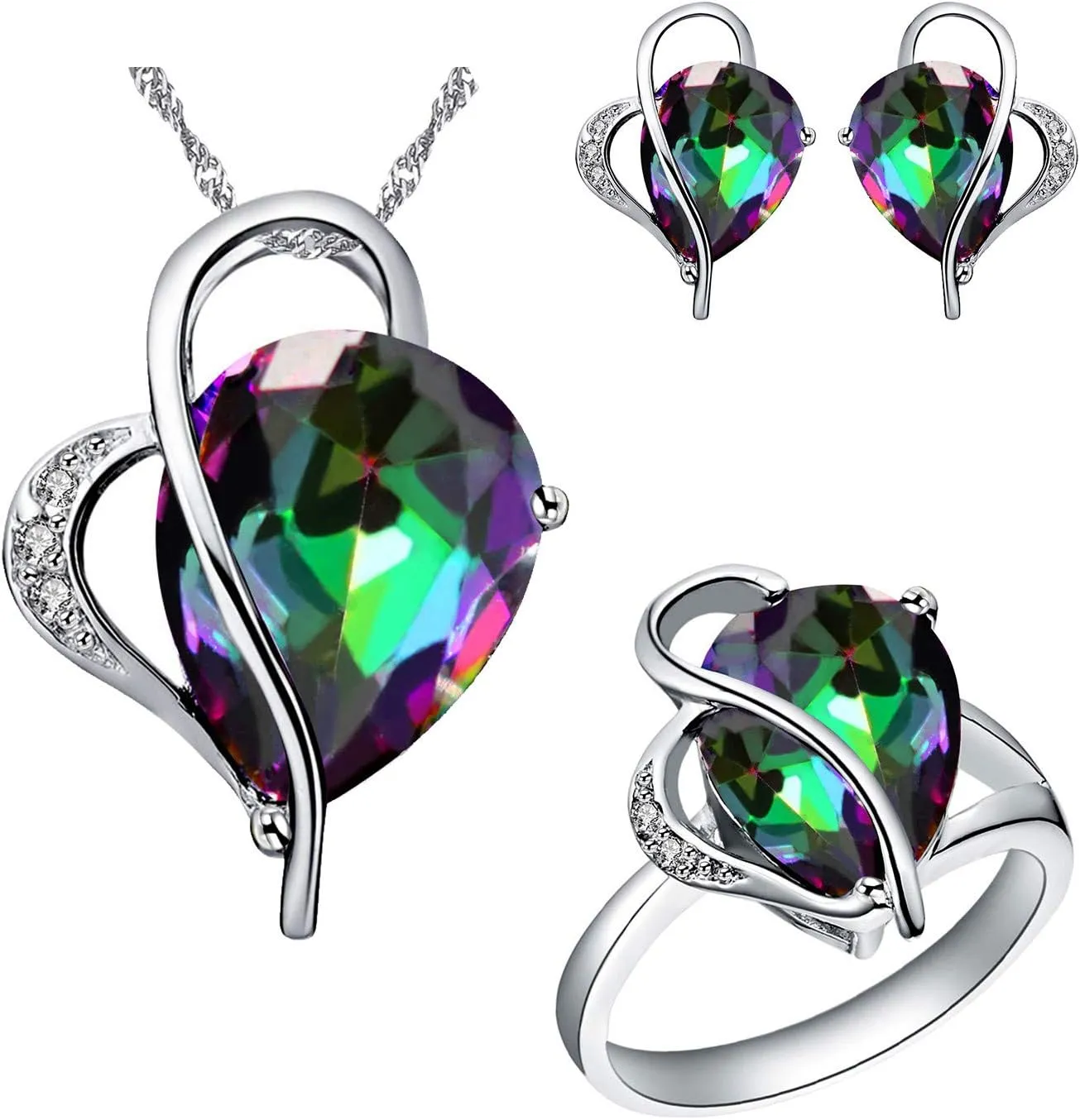 Uloveido Oval Heart Shape Crystal Drop Pendant Necklace, Earrings and Rings Wedding Jewelry Set for Bridal Women Birthday Anniversary T072