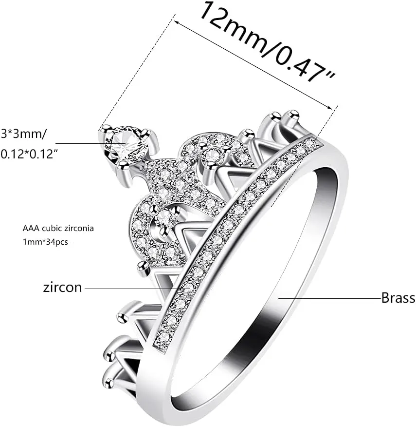 Uloveido Platinum Plated Crown Royal Ring, Women's Cubic Zirconia Wedding Rings Y1227