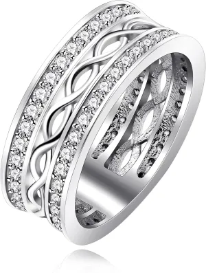 Uloveido Platinum Plated Cubic Zirconia Paved Wide Band Twist Infinity Rings for Women J385