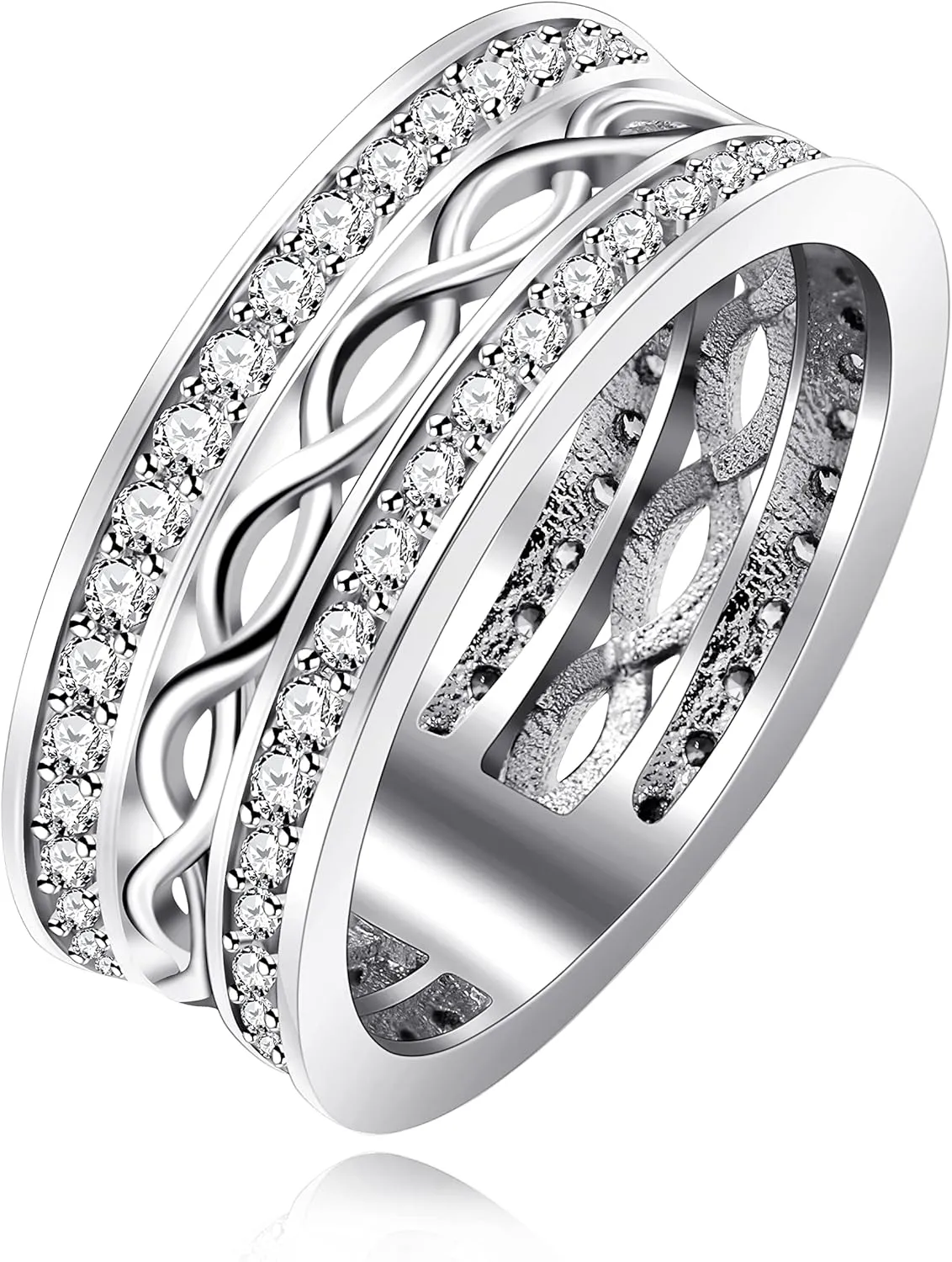 Uloveido Platinum Plated Cubic Zirconia Paved Wide Band Twist Infinity Rings for Women J385