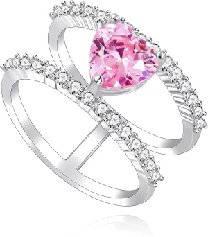 Uloveido Platinum Plated Pink Heart Shape Crystal Rings for Women Female, Cubic Zirconia Crystal Rings for Anniversary Birthday Wedding Jewelry Gift Size 6 7 8 9 Available Y1216