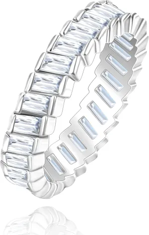 Uloveido Platinum Plated Rectangular Cut Cubic Zirconia Pave Eternity Band Ring for Women Y1790