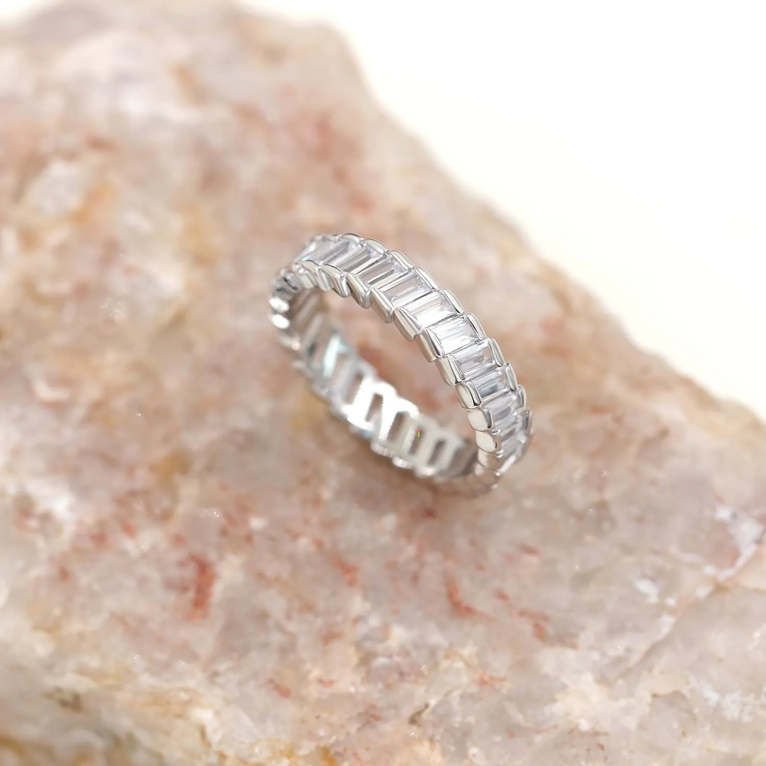 Uloveido Platinum Plated Rectangular Cut Cubic Zirconia Pave Eternity Band Ring for Women Y1790
