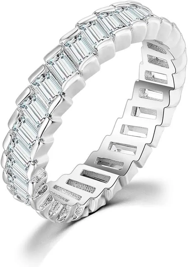Uloveido Platinum Plated Rectangular Cut Cubic Zirconia Pave Eternity Band Ring for Women Y1790