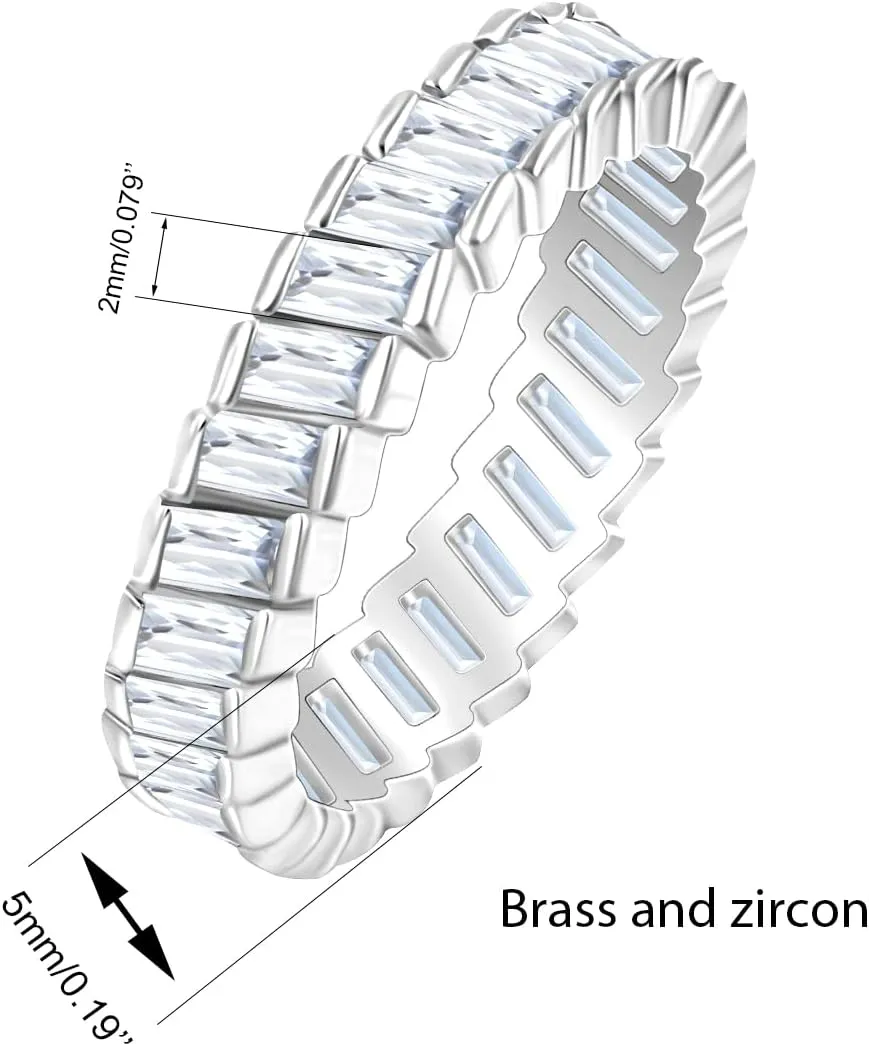 Uloveido Platinum Plated Rectangular Cut Cubic Zirconia Pave Eternity Band Ring for Women Y1790
