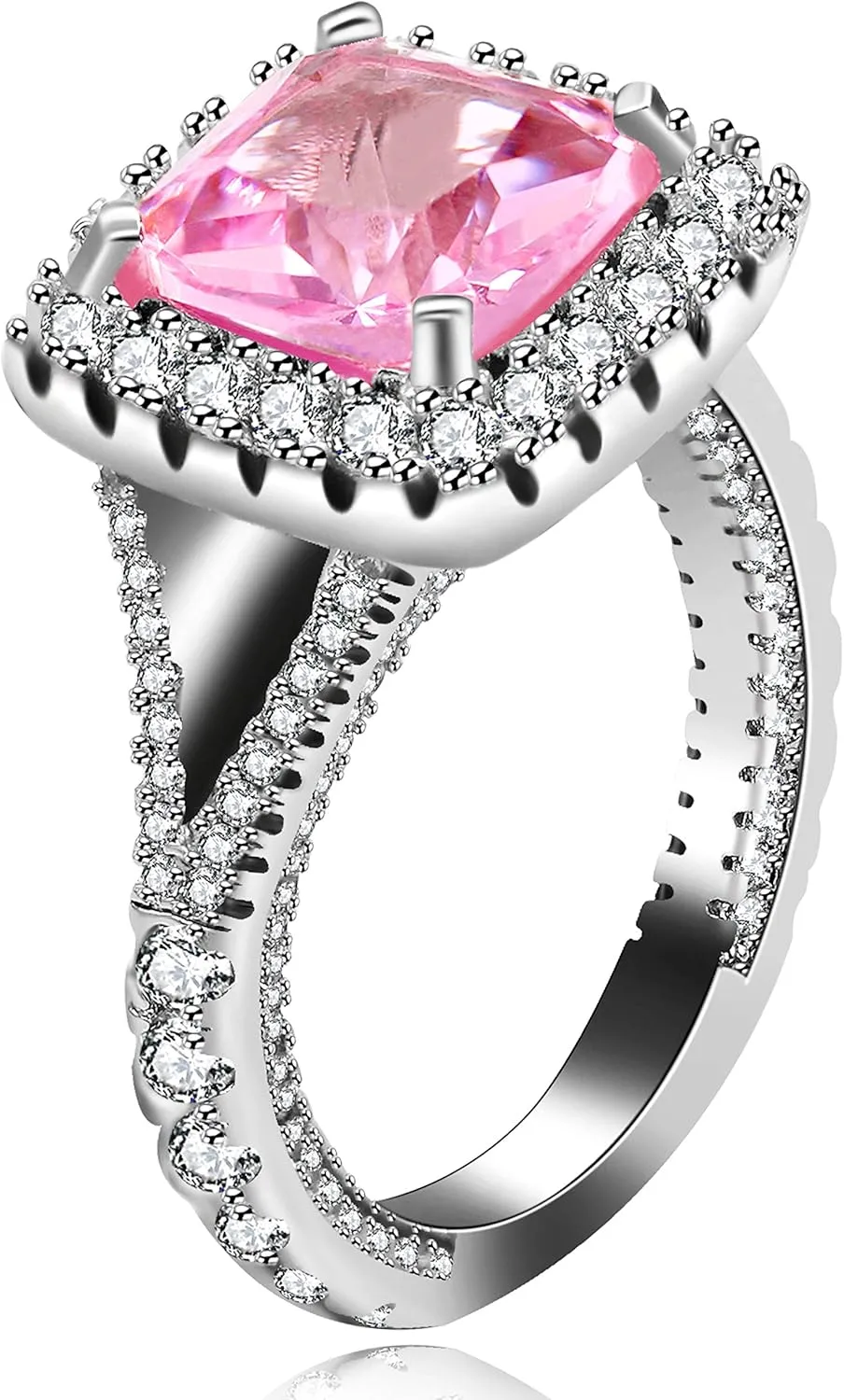 Uloveido Platinum Plated Sparky Cushion Cut 3 Carats Pink Cubic Zirconia Stone Solitaire Square Wedding Ring Split Shank Y586