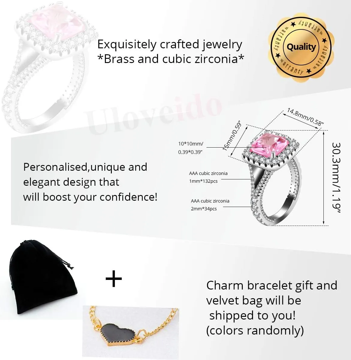 Uloveido Platinum Plated Sparky Cushion Cut 3 Carats Pink Cubic Zirconia Stone Solitaire Square Wedding Ring Split Shank Y586