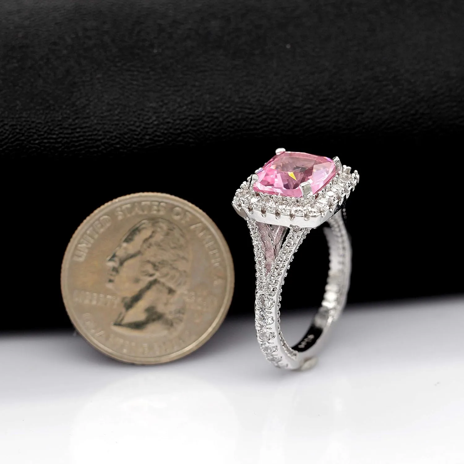 Uloveido Platinum Plated Sparky Cushion Cut 3 Carats Pink Cubic Zirconia Stone Solitaire Square Wedding Ring Split Shank Y586