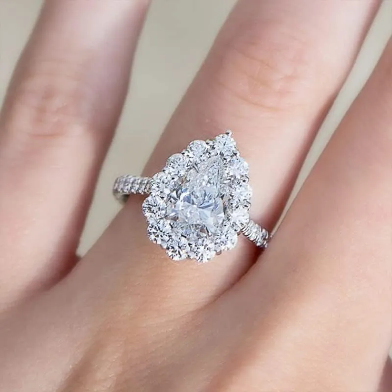 Uloveido Platinum Plated Teardrop Pear Wedding Rings Solitaire Cubic Zirconia Engagement Promise Ring for Women