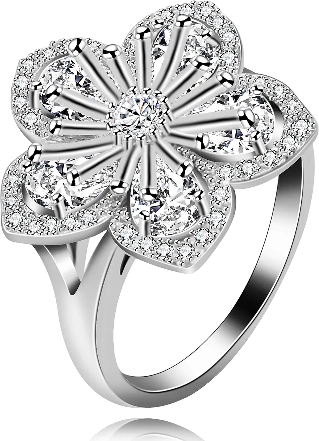Uloveido Platinum Plated White Sakura Flower Rings with Pear Cut Cubic Zirconia Wedding Peach Blossom Ring Engagement Y581
