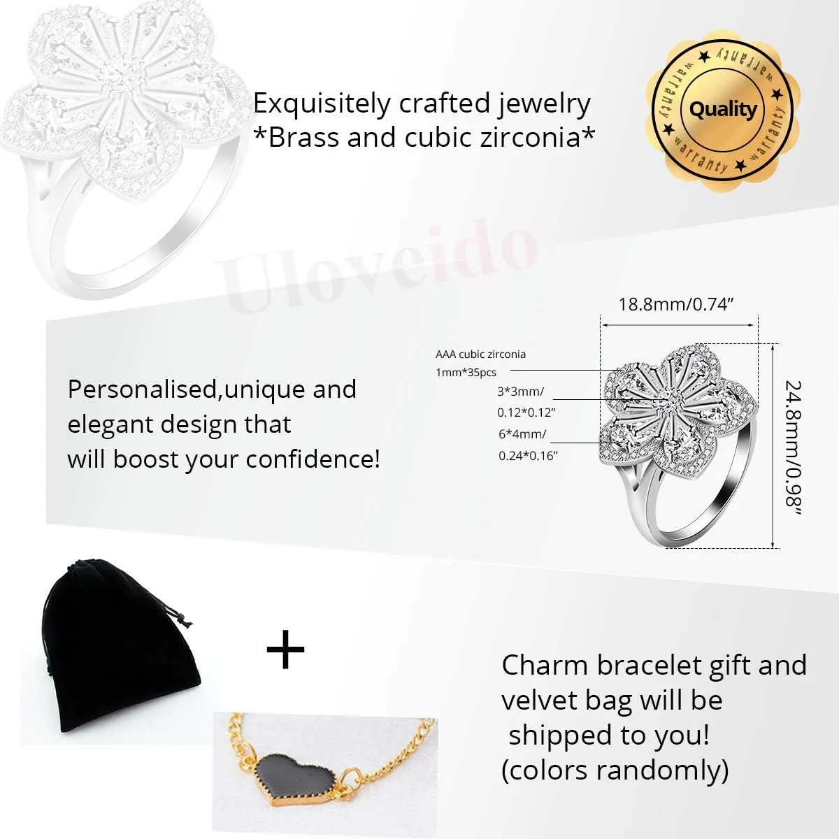 Uloveido Platinum Plated White Sakura Flower Rings with Pear Cut Cubic Zirconia Wedding Peach Blossom Ring Engagement Y581