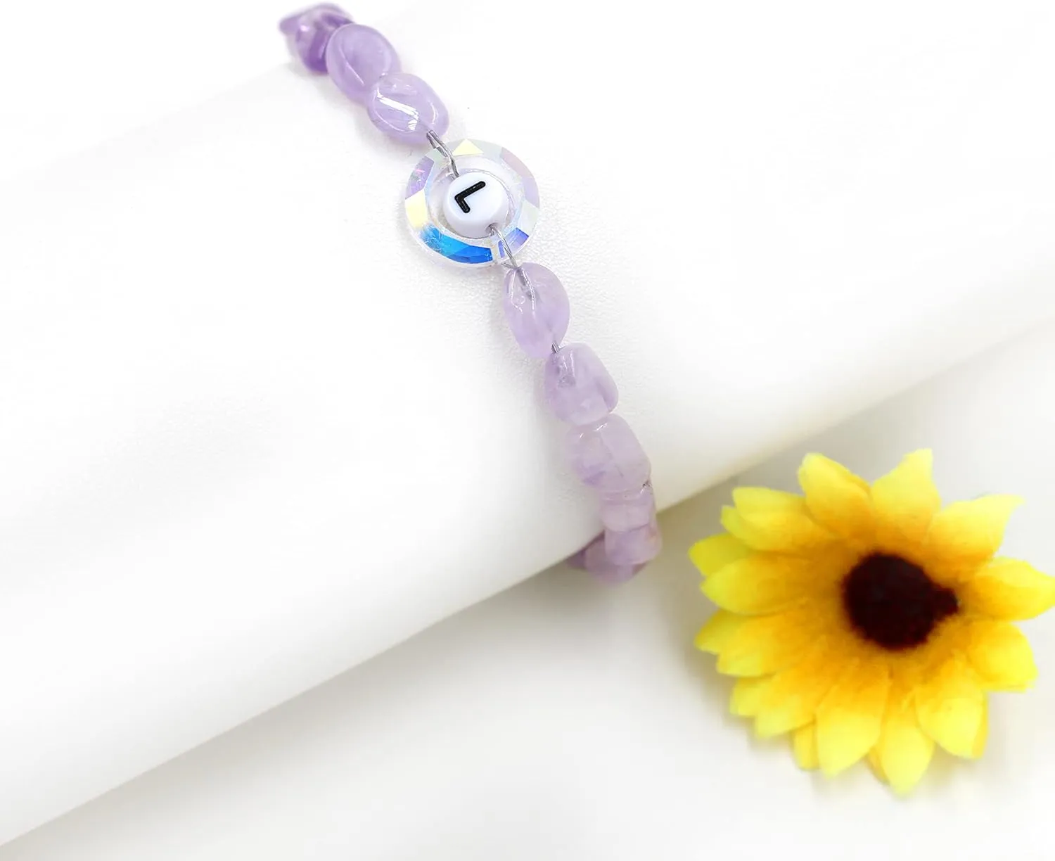 Uloveido Purple Natural Stone and Austrian Crystal Letter Bracelet, Personalized Initial Jewelry for Women A-Z 26 Letters