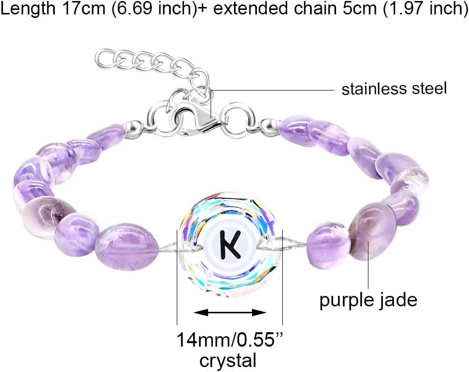 Uloveido Purple Natural Stone and Austrian Crystal Letter Bracelet, Personalized Initial Jewelry for Women A-Z 26 Letters