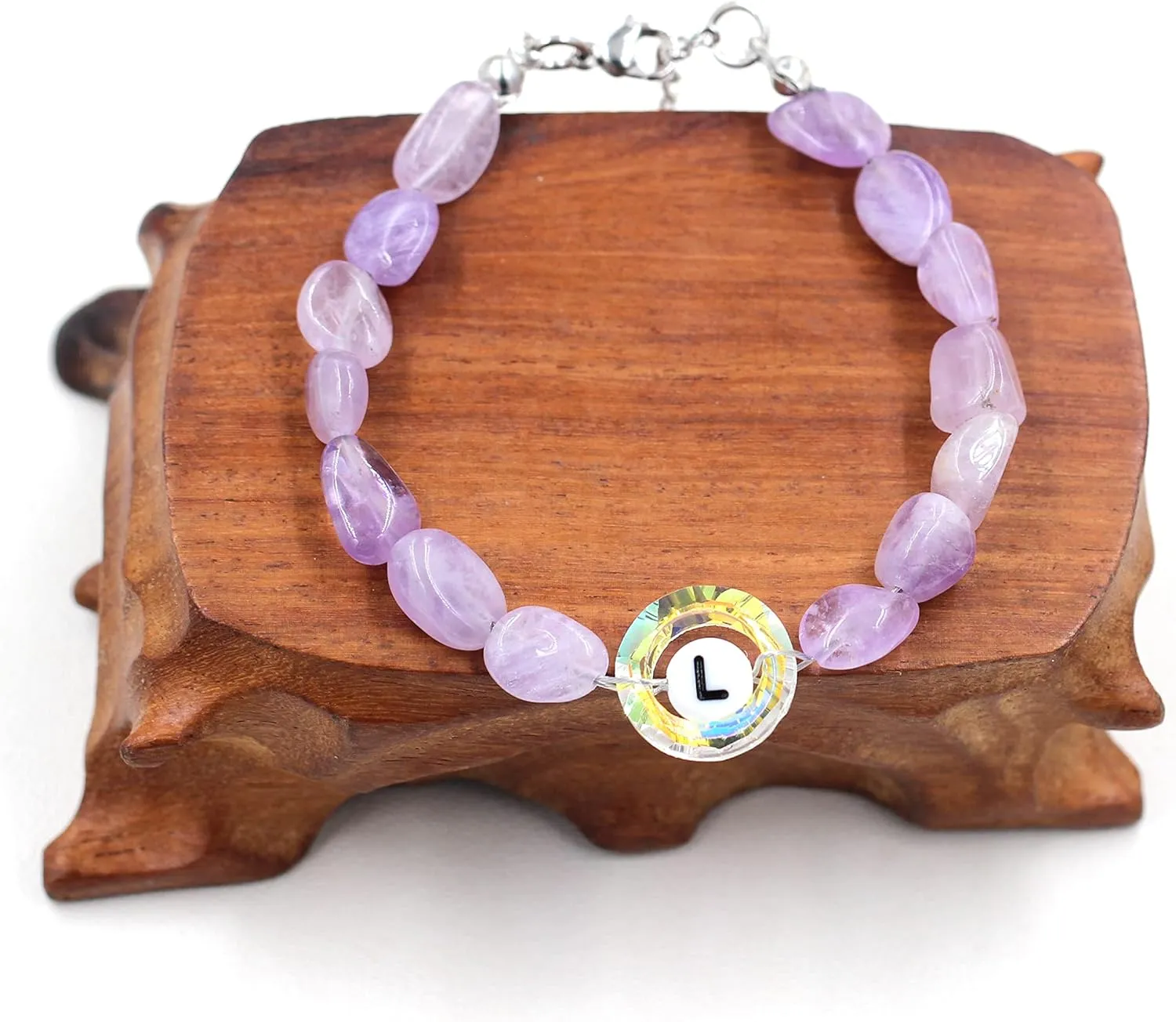 Uloveido Purple Natural Stone and Austrian Crystal Letter Bracelet, Personalized Initial Jewelry for Women A-Z 26 Letters