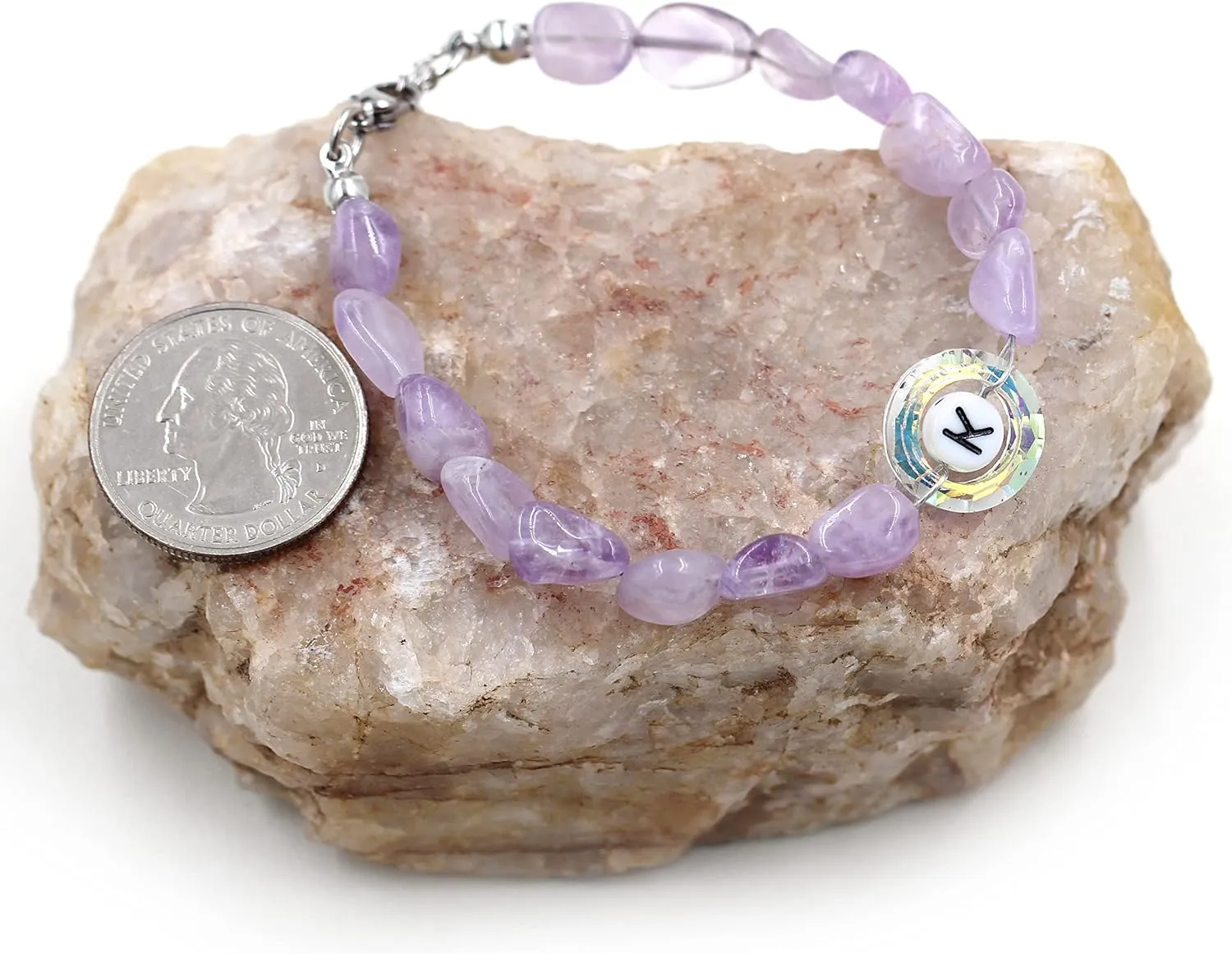 Uloveido Purple Natural Stone and Austrian Crystal Letter Bracelet, Personalized Initial Jewelry for Women A-Z 26 Letters