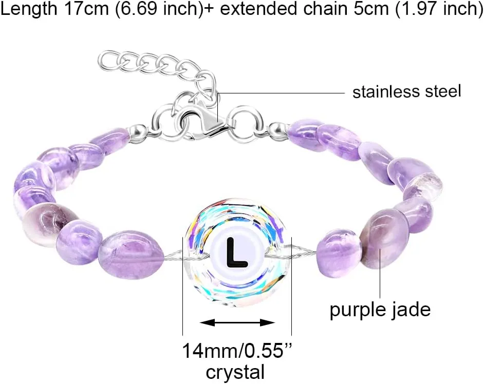 Uloveido Purple Natural Stone and Austrian Crystal Letter Bracelet, Personalized Initial Jewelry for Women A-Z 26 Letters