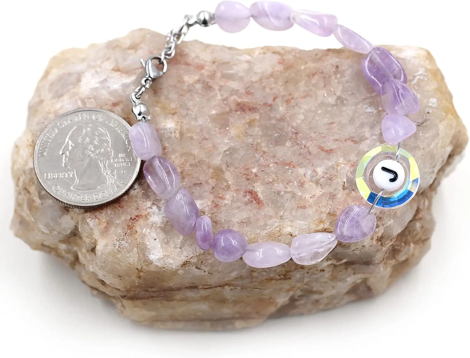 Uloveido Purple Natural Stone and Austrian Crystal Letter Bracelet, Personalized Initial Jewelry for Women A-Z 26 Letters