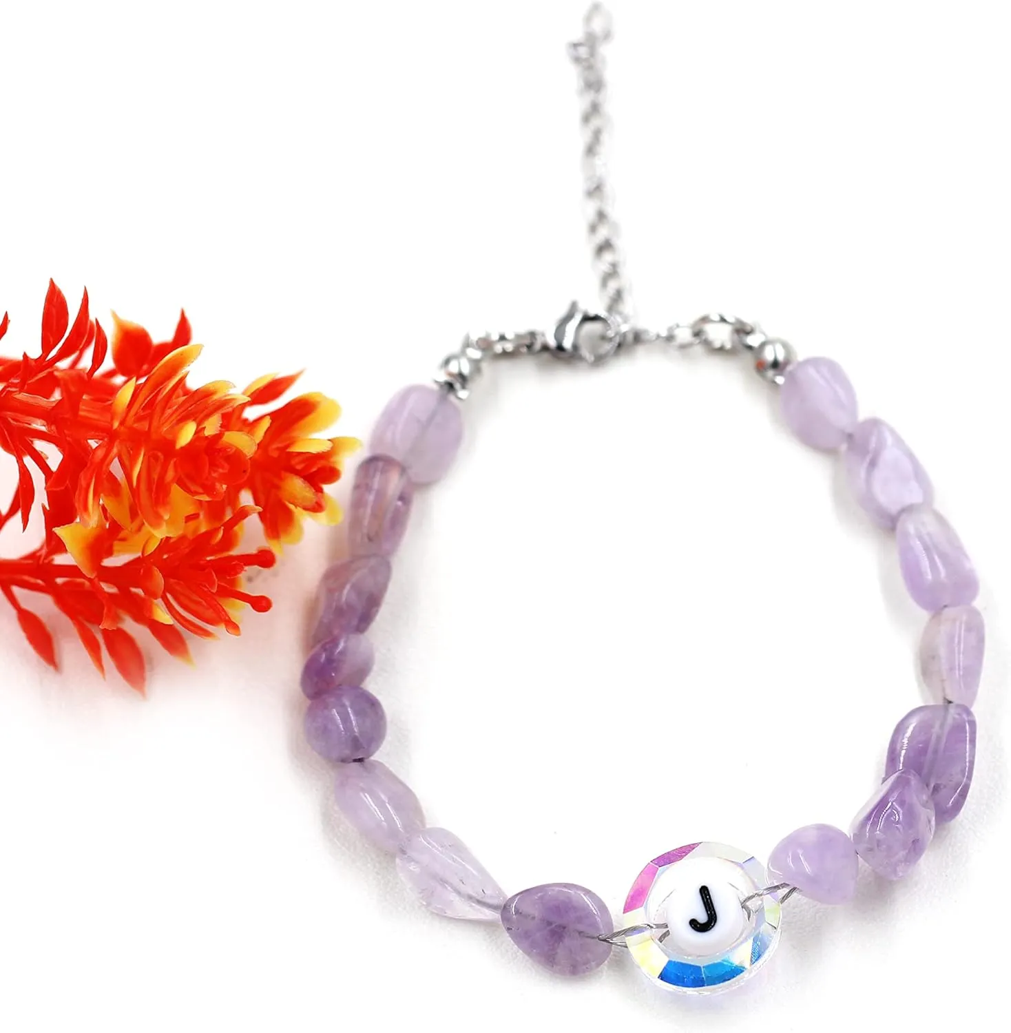 Uloveido Purple Natural Stone and Austrian Crystal Letter Bracelet, Personalized Initial Jewelry for Women A-Z 26 Letters