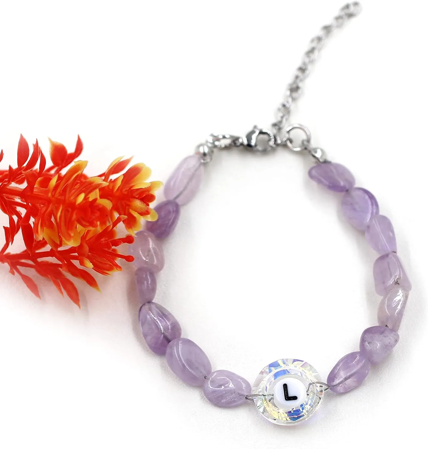 Uloveido Purple Natural Stone and Austrian Crystal Letter Bracelet, Personalized Initial Jewelry for Women A-Z 26 Letters